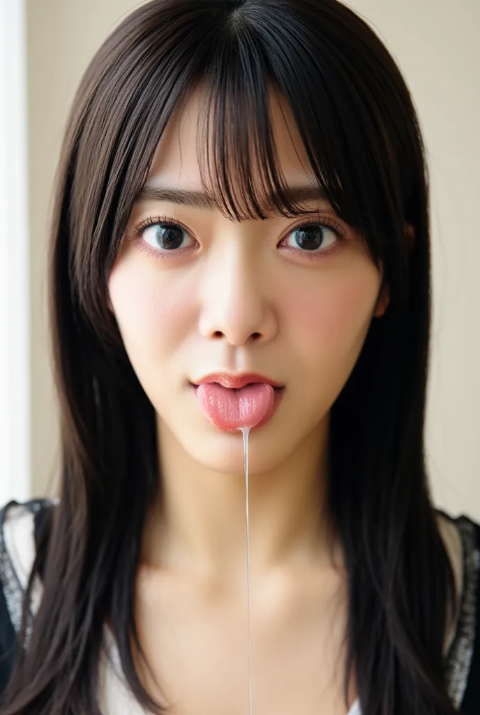  image according to the rules below 。
Japanese woman with long straight black hair, sticking out her tongue,  dripping from nose to tongue, 
facing forward