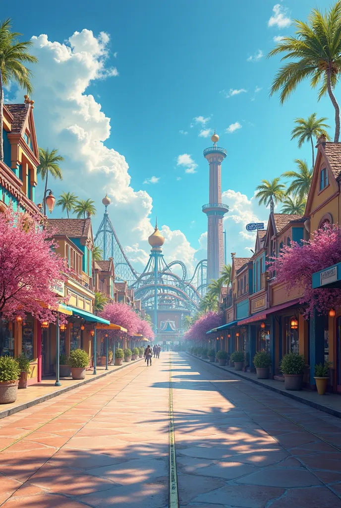 A realistic theme park scene similar to Universal Studios Japan. The park is completely empty, with bright and clear sunny weather, and a vivid blue sky. The main street is wide and open, featuring roller coasters, attractions, and detailed shop exteriors....