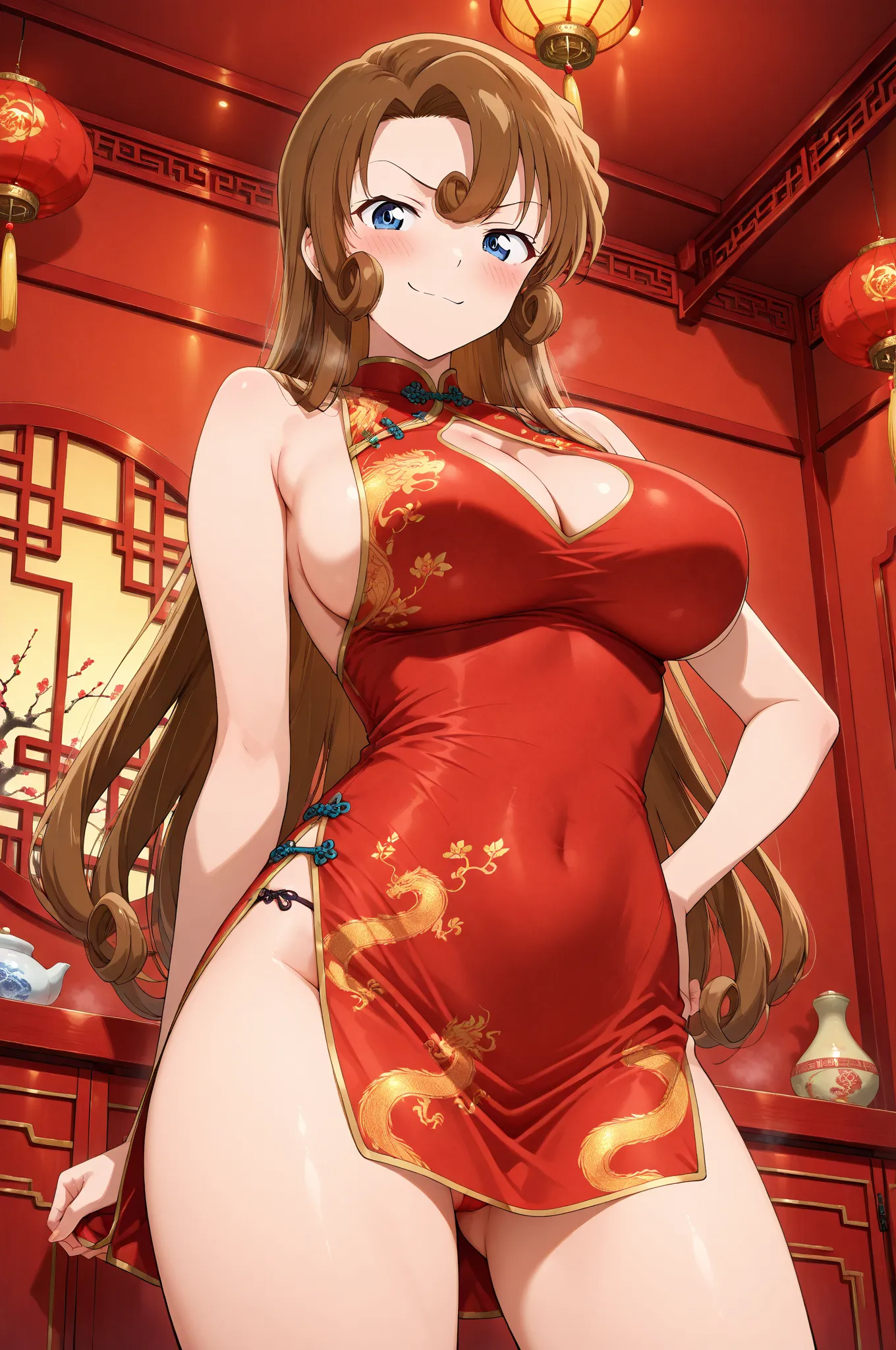 masterpiece,best quality,{{detailed beautiful face and eyes}}, very detailed background,
Kudou Yukiko,long hair,brown hair,hair circle, multiple hair circles, 3 hair circles,blue eyes,large breasts,
((bare shoulders,red china dress,red chinese clothes,red ...