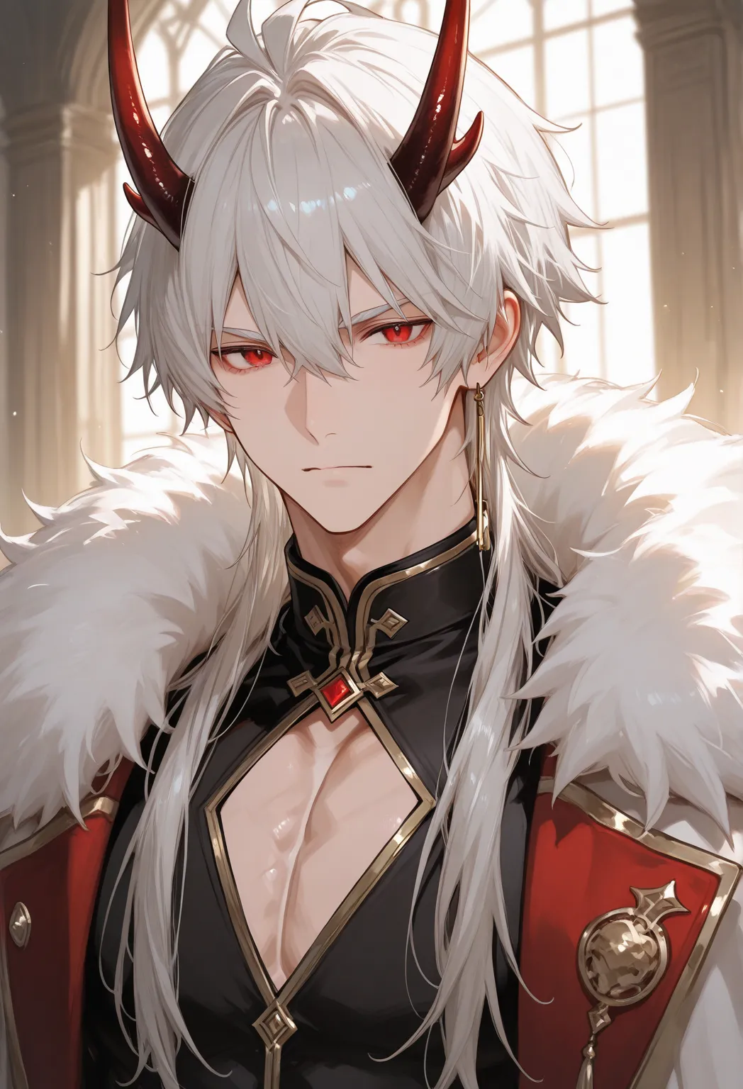 a boy with platinum hair, red eyes and dragon-like horns on his head