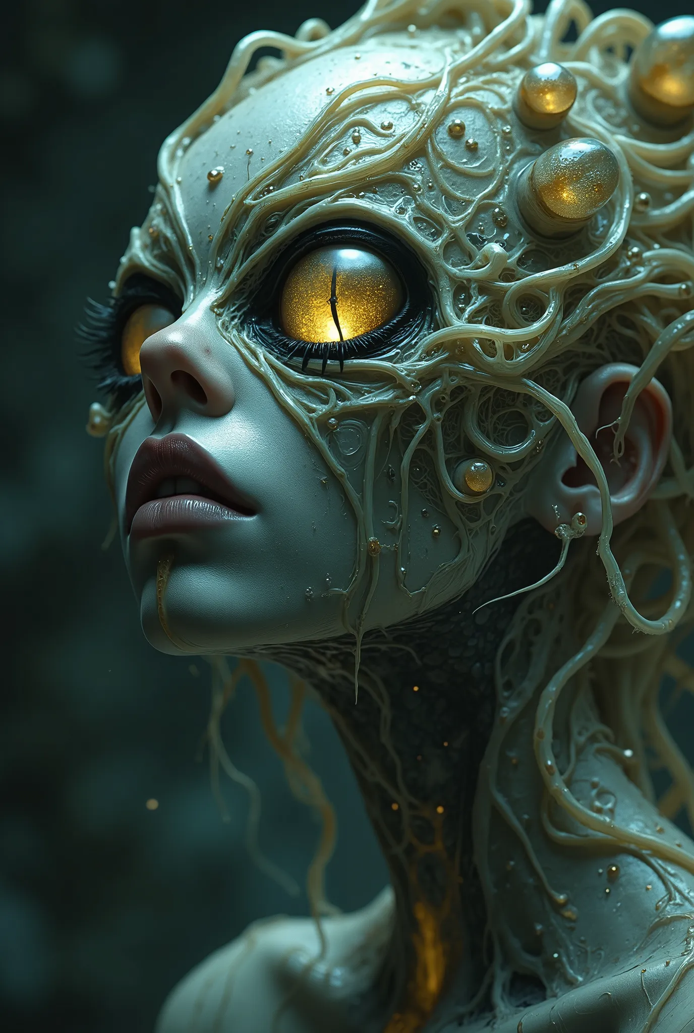 beautiful girl, synthesized with snails, hideous monster, countless Transparent tentacles, highly detailed, digital art, surreal, dark fantasy, horror, 4k, octane render, moody lighting, deep colors, cinematic composition, best quality, 4k, 8k, highres, ul...