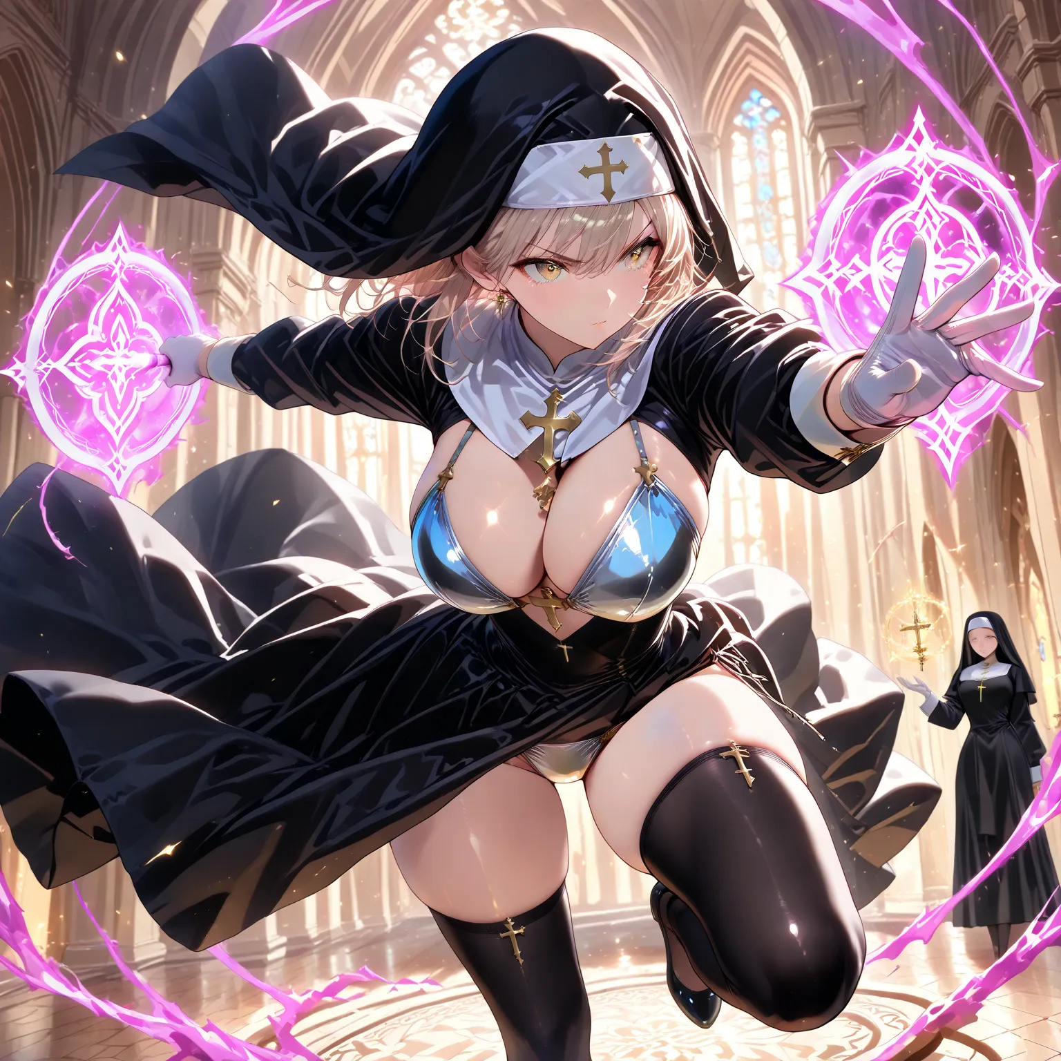 masterpiece, (((( best quality )))),action,shiny skin, detailed face,, black stockings,black long skirt,nun,white gloves,,bigger breasts in bikinis,thick legs,magic, sacred, Fantastic,,xss