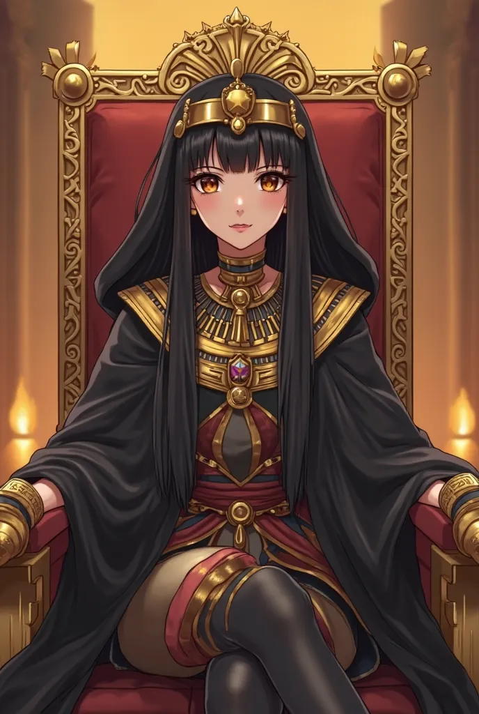 Beautiful anime girl brunette straight black hair and brown eyes. She is dressed as an Egyptian pharaoh queen, she wears a large black cape and is seated on her golden queen's throne..  She's cheerful and wicked