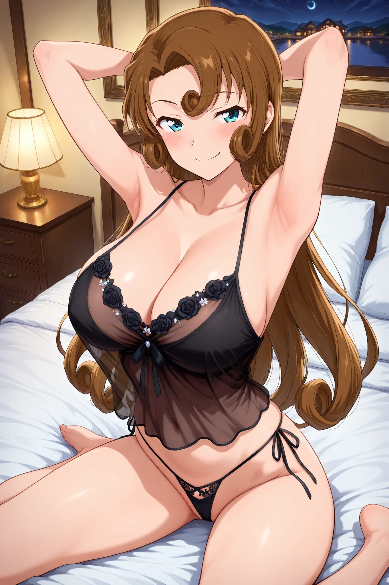 masterpiece,best quality,{{detailed beautiful face and eyes}}, very detailed background,
Kudou Yukiko,long hair,brown hair,hair circle, multiple hair circles, 3 hair circles,blue eyes,large breasts,
(black see-through camisole:1.2), cleavage, black side-ti...