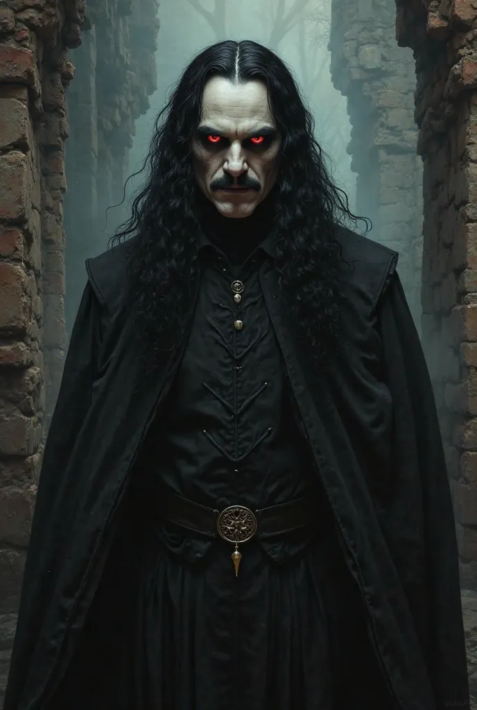 Oil painting of pale white skin, long black haired and black moustache Vlad Tepes as Nosferatu, with red glowing eyes, wearing all black XIX clothes in a dark foggy churc in ruins at night.