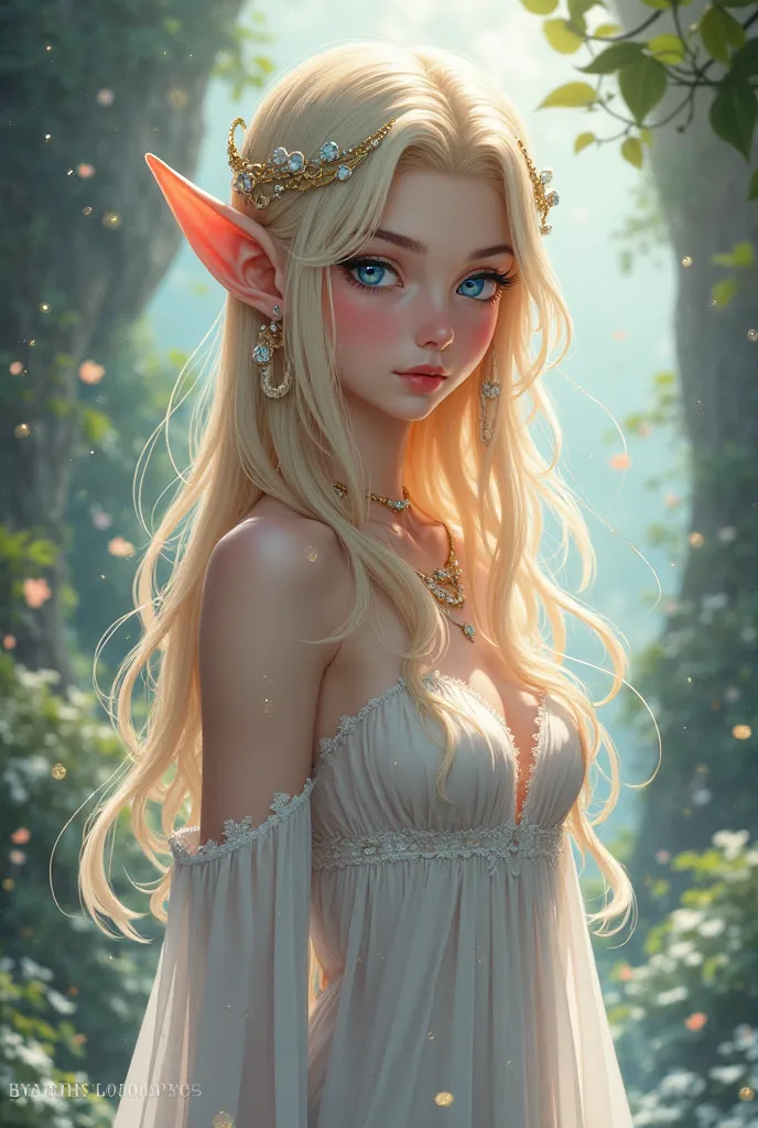 Naked blonde Elf with size 5 breasts and blue eyes in anime style