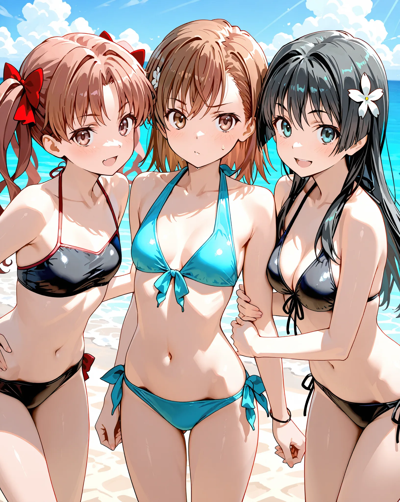 beach, bikini swimsuit, Misaka Mikoto,  Shirai Kuroko, Saten Ruiko, masterpiece, highest quality, UHD, retina, masterpiece, accurate anatomy, super detailed, high quality, best quality, 8k