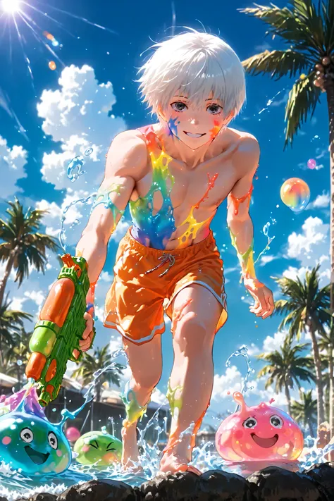 Ken kaneki, (8k, HD), 1 boy, alone, short hair, white hair, black eyes, shirtless, orange summer shorts, pleasant smile, close view, perfect face, beautiful face, at Indian street crowdy, looking at viewer, barefoot, wind, palm trees, clouds, blue sky, (wa...