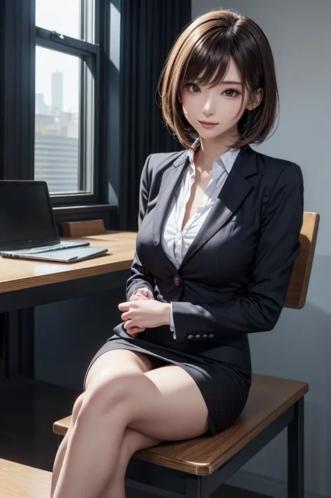 1girl, medium shot angle, upper body, Digital painting, kawaii anime, straight bob hair, beautiful breasts, radiant skin glow, natural face lighting, wearing a modern office attire, slim-fit blazer, pencil skirt, silk blouse, dynamic pose, between legs, an...