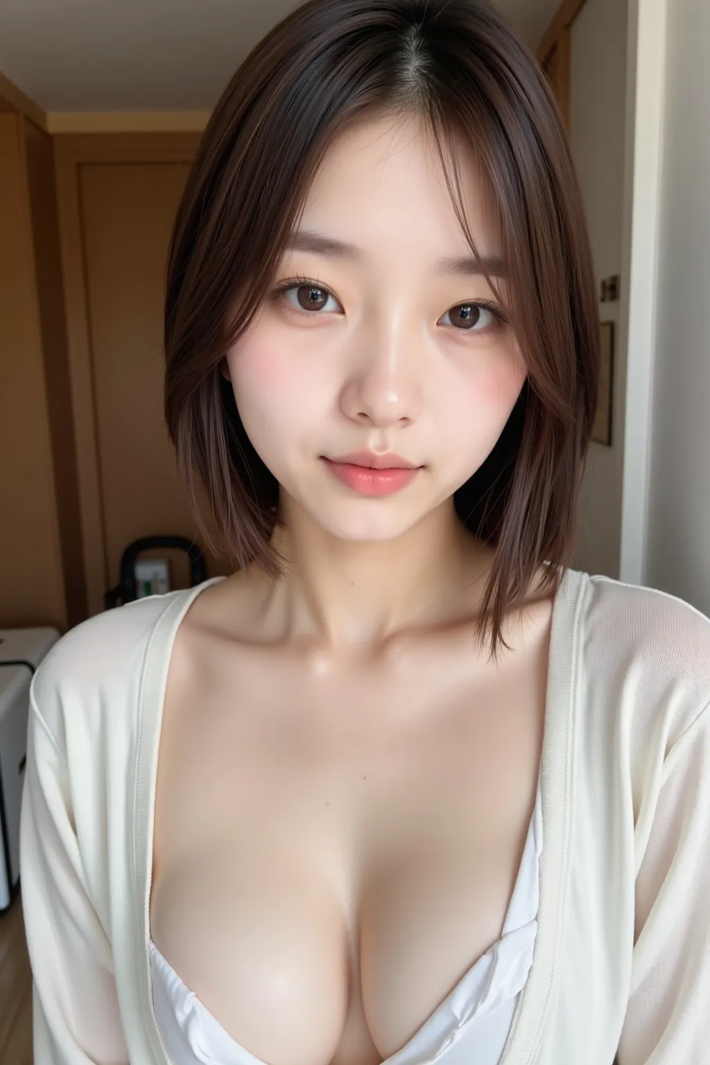 cute 20 year old girl, in the face, slim figure,  open cardigan, photo taken from above, Delicate Facial, beautiful eyes, long lashes, cute expression,  clean room, realistic photos, 4K, High quality,((Big Breasts)),  masterpiece, ( lips), the whole face r...