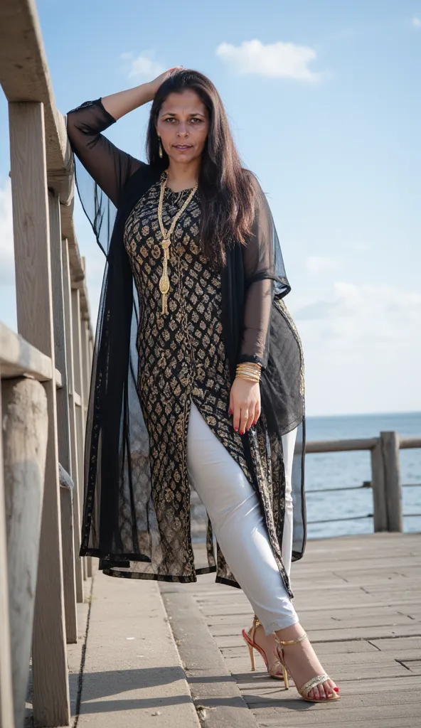 I am 50 year old plus size tall and big giant indian muslim women, looking like indian actress hansika motwani, wearing a black and gold mix colour printed Sleevless transparent knee length kurti and shining reflective glossy silver colour tight silk pant,...