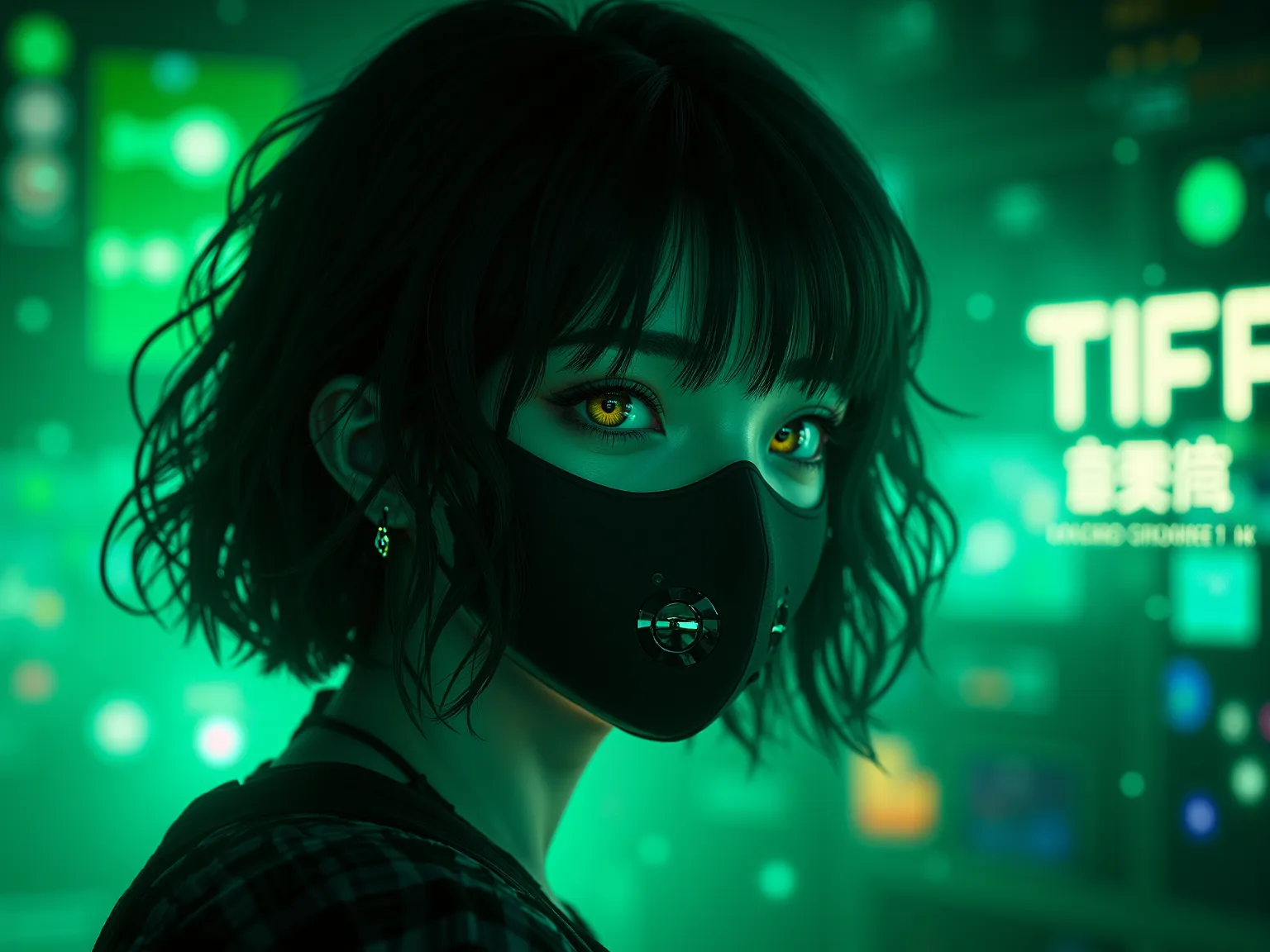   In computer screen a side view with japanese style black mask on half face ultra gaming settings anime girl character with black short currly hairs pixel game green theme And near herr a catchy font. An smoke overwrap with capslock green inscription " TI...