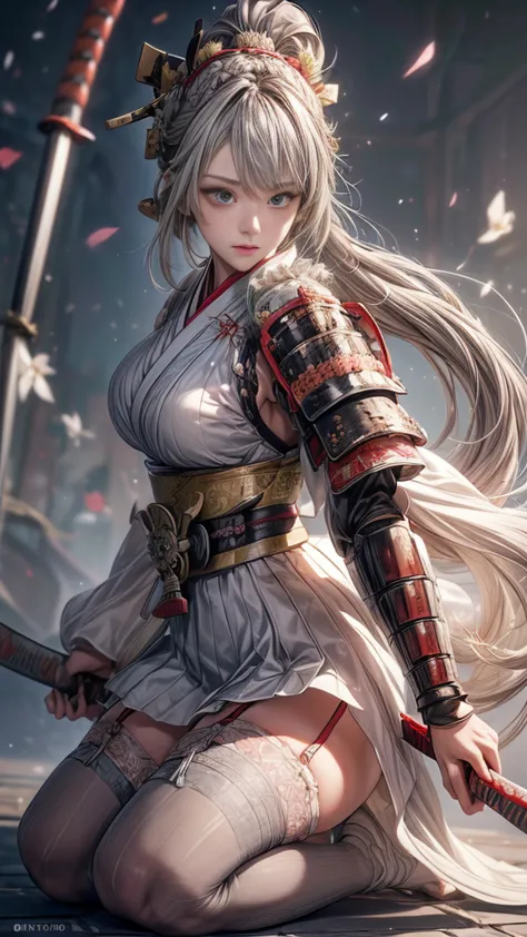 young woman,Oiran,warrior,(wielding a huge_weapon:1.6), in white for summer very detailedな, realist,(from front:1.8),(combat posture:1.8), Brilliant Appearance ,extremely detailed, Imaginative,sensual ,top quality,  skin texture,(Milkmaid braid hair:1.6),(...