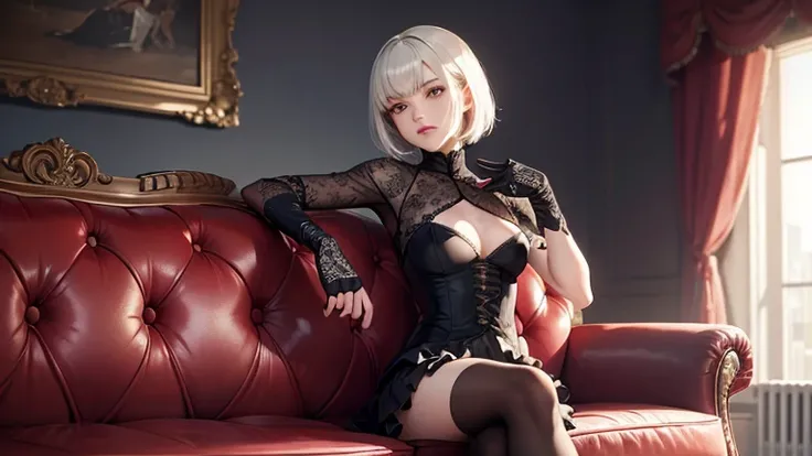 (Highly Detailed CG Unit 8k Wallpaper, masterpiece, high resolution, top quality, top qualityのリアルテクスチャスキン),  pose with hands in the pocket :1.5, I'm sitting on an elegant sofa and stretching my legs:1.3, Cool Fashion Ghoul Inspired by Nostalgic and Inorgan...