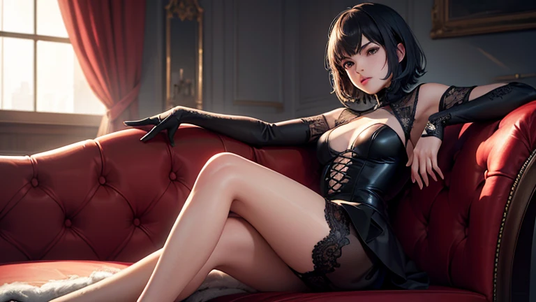 (Highly Detailed CG Unit 8k Wallpaper, masterpiece, high resolution, top quality, top qualityのリアルテクスチャスキン),  pose with hands in the pocket :1.5, I'm sitting on an elegant sofa and stretching my legs:1.3, Cool Fashion Ghoul Inspired by Nostalgic and Inorgan...