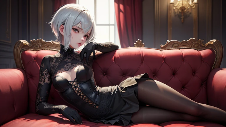 (Highly Detailed CG Unit 8k Wallpaper, masterpiece, high resolution, top quality, top qualityのリアルテクスチャスキン),  pose with hands in the pocket :1.5, I'm sitting on an elegant sofa and stretching my legs:1.3, Cool Fashion Ghoul Inspired by Nostalgic and Inorgan...