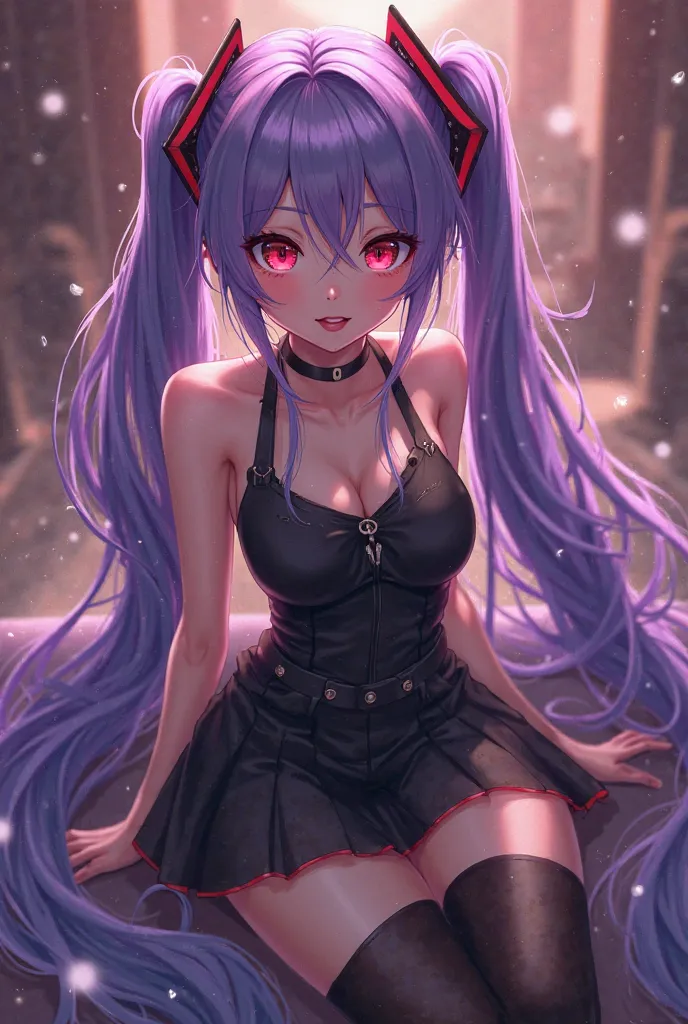  Hatsune Miku, Twin Tails from Above,purple haired female anime character ,is a heinous villain with red eyes from the Middle Ages、people々々The Power of Lightning and Fire,Power ,full body,miniskirt,pantyhose,幼い ,black clothes,Beautiful breasts, looking fro...