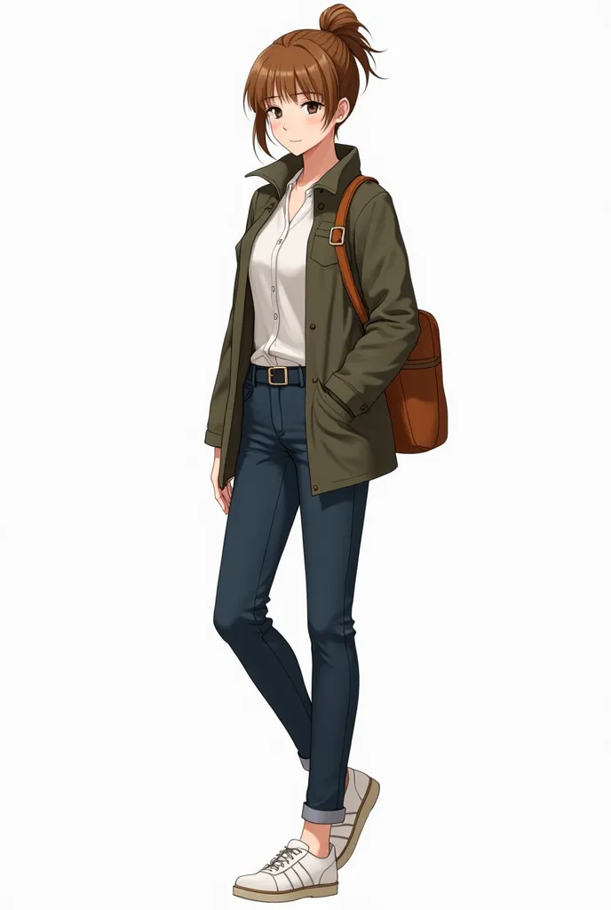 Character design, 24-year-old female, casual clothes, skinny pants, (business casual:0.6), (mountain climbing clothes:0.5), tied up light brown hair, Persona 4 style, gentle feminine appearance, (full-body composition:1.5), white background, white shoes,