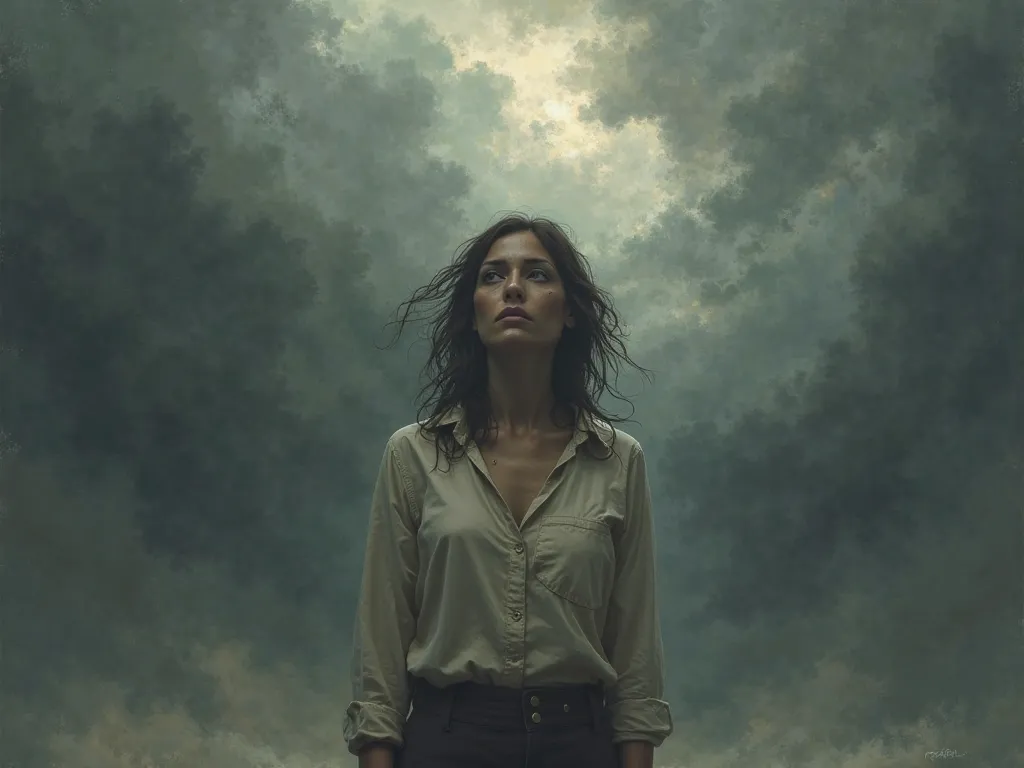 An emotional depiction of a woman standing before a stormy sky with subtle shadows, representing internal struggles and the weight of past experiences, yet with a hint of light breaking through.