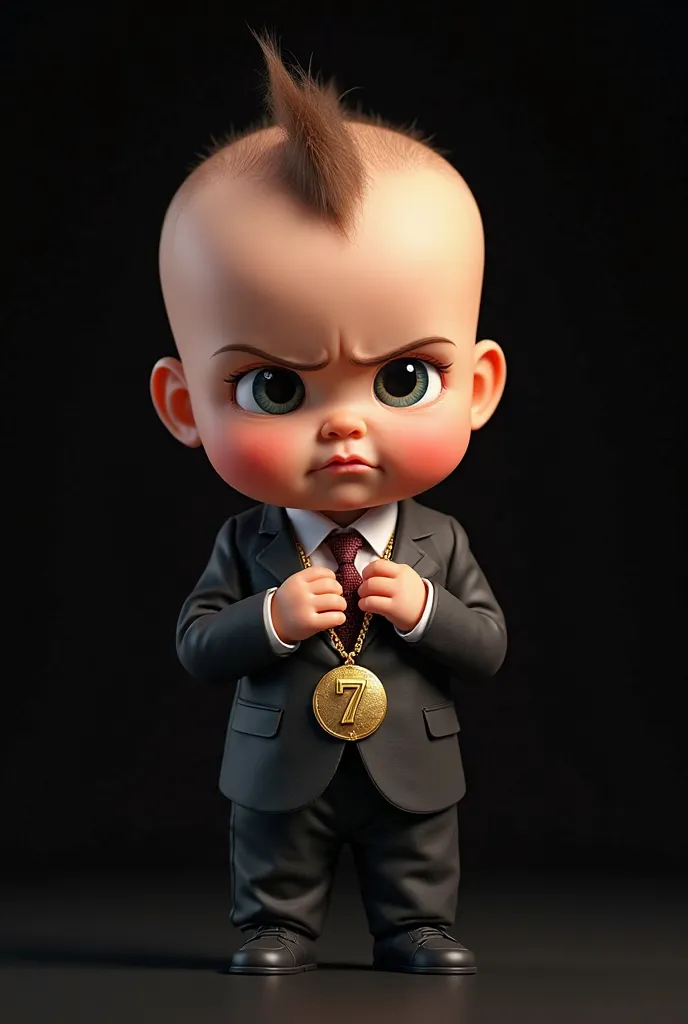 "Image of a baby looking like a boss, inspired by the movie 'The Mighty Boss', wearing a gold cord with the number 7 hanging. The baby has a formal outfit,  like a suit and tie , with a serious and confident expression. The background is simple and elegant...