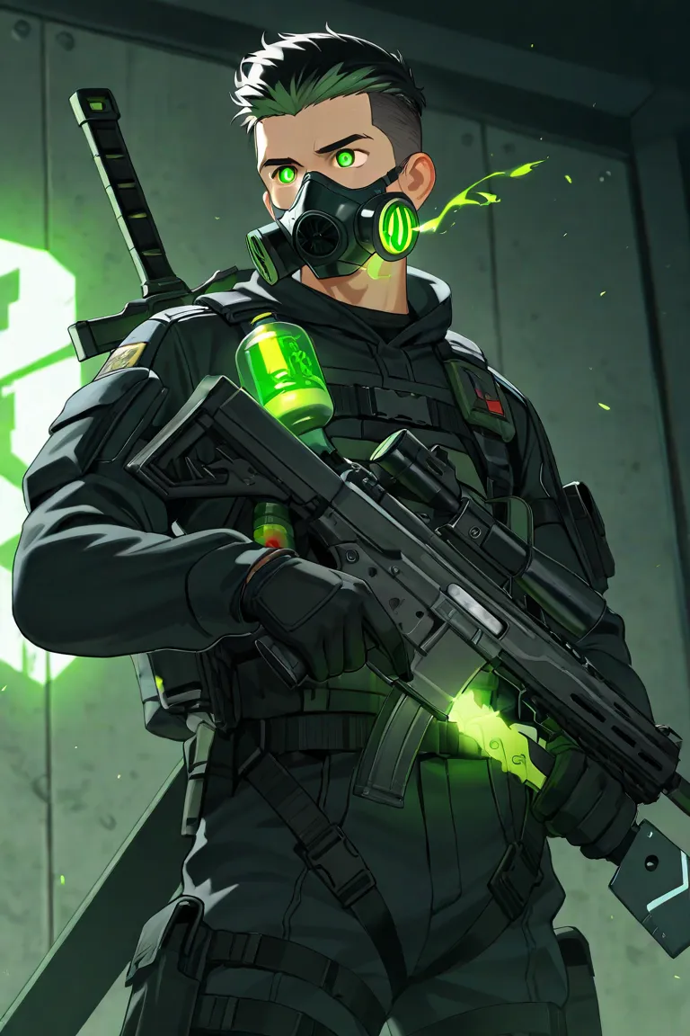 Male undercut shaved sides black hair wearing a tactical suit with a tactical gas mask glowing green gas mask eyes with a tactical sword on back background  running up wall anime knife in hand 