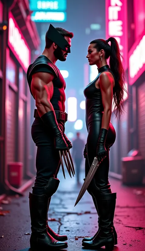 "In a neon-lit, cyberpunk alley, Wolverine stands with his claws extended, ready for a fight. Across from him, a bold and curvaceous woman with piercing eyes smirks, twirling a combat knife between her fingers. Her skin-tight, battle-worn leather bodysuit ...