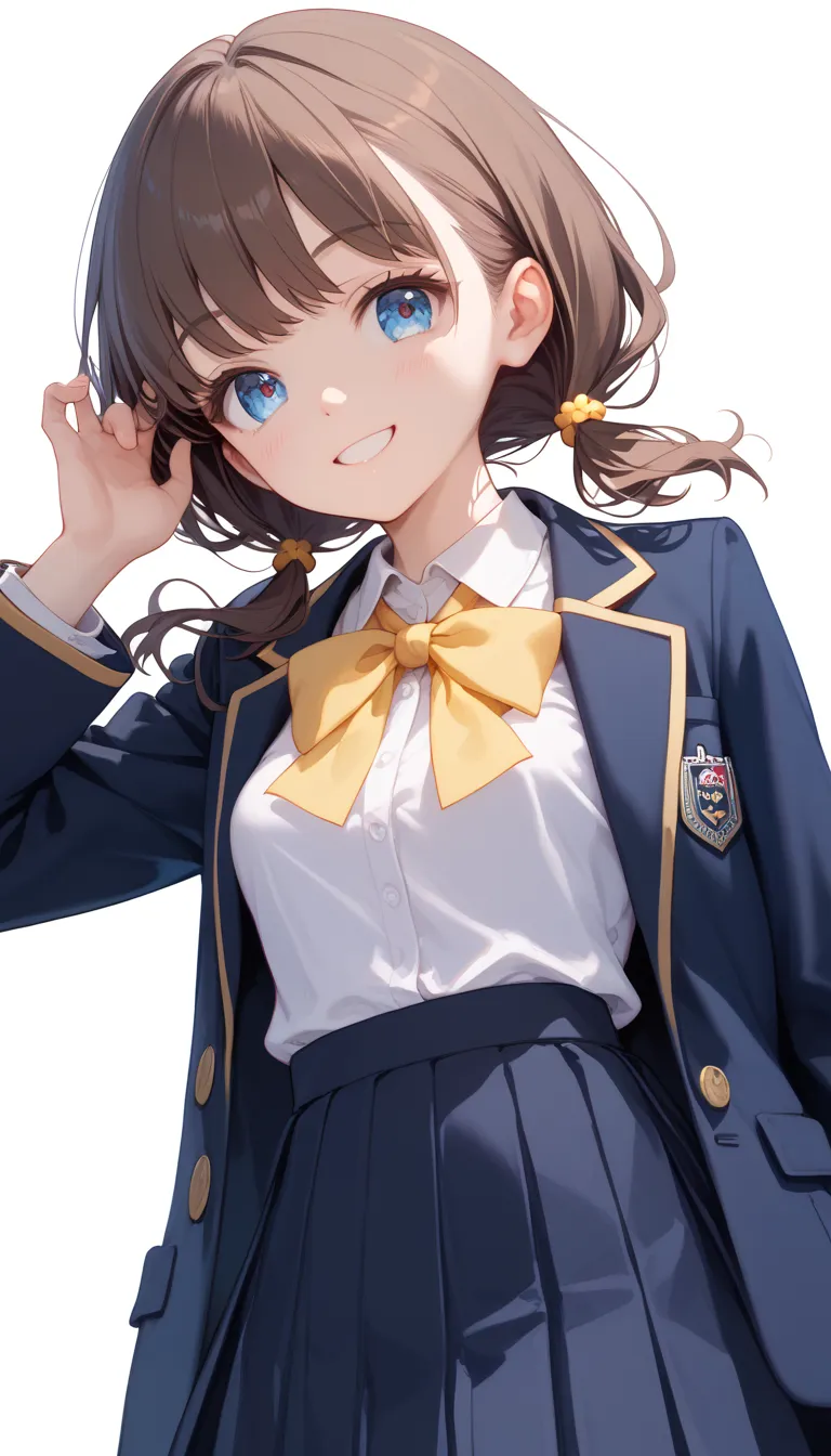 1girl, Best Quality, Very detailed, Ultra-high resolution, (smile, blue eyes, cute eyes), small breasts, slender, {dark brown hair, Short Hair, waved hare}, ((low pigtails)), Student Uniform, {dark blue blazer, White shirt, yellow Ribbon, gray pleated skir...