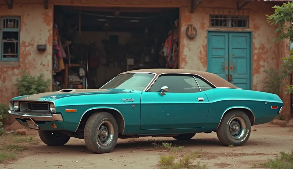 "Ek bude aadmi ki tasveer jo ek purani, classic car ko pyar se choo raha hai. Aadmi ke chehre par jazbaat bhare asraat hain, jaise koi khas yaad taza ho gayi ho. Car chamakdaar hai, turquoise ya blue rang ki, aur purane zamane ki muscle car ya vintage styl...