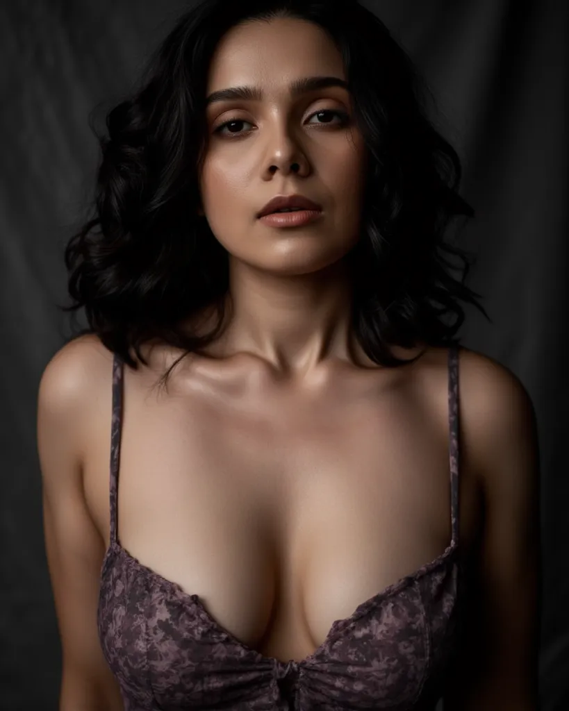 (((Deep clevage))),charming, desire, Obscene,  Mature Woman,  Captivating body lines  , ((     fine facial features , pearl neckless,eroticism, black hair)),    dramatic lighting   , Realistic, 8k,    Cinematic Composition ,  dark moody vibe   ,    Dramati...