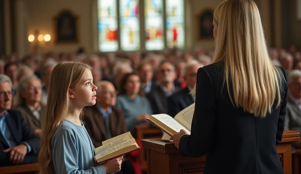 A young girl with long blonde hair, wearing a light blue dress, stands in a crowded church, holding an old book. In front of her, a woman with long blonde hair, wearing a dark blazer over a light blue shirt, stands at a wooden pulpit, speaking into a micro...