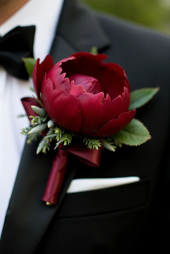 A dramatic, deep red peony buttonhole for the groom, surrounded by dark green foliage and subtle hints of silver eucalyptus. The rich, velvety peony contrasts beautifully with the groom’s tailored black tuxedo. The buttonhole is carefully arranged with an ...