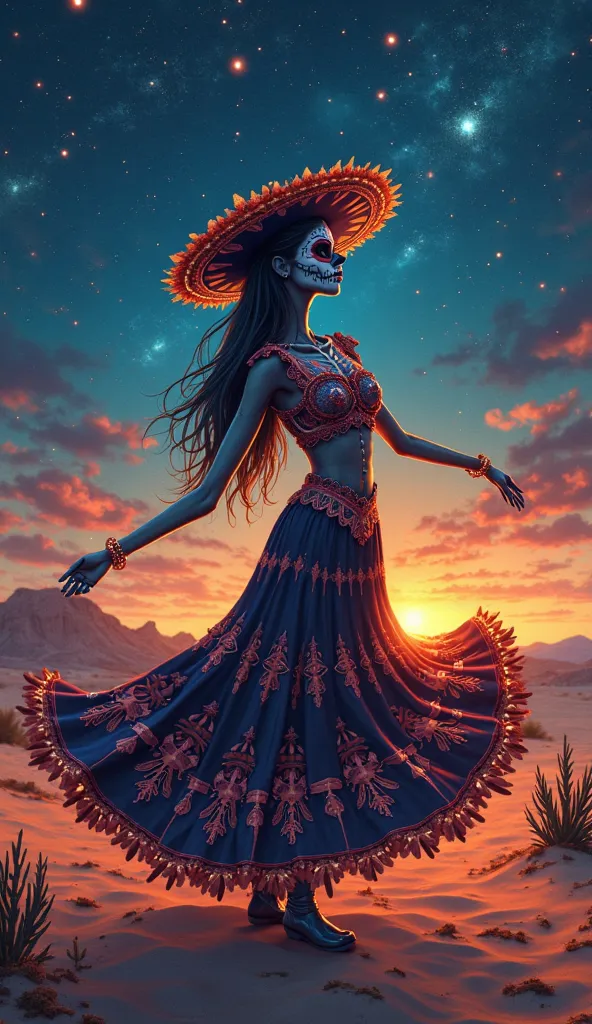 Vibrant illustration of a beautiful catrina, dancing gently in a Mexican desert at night. Super-resolution, high-quality, volumetric lighting, and high relief: a work of art.
