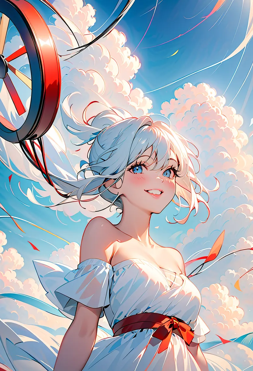 masterpiece, best quality, Still Image, 1 girl with an Oracle, float in the air, cloud girl, cloud, (close-up:1.1),  bright, happy, joy, Soft light, (Bauhaus, shape,  wire,  abstract:1.1)，off shoulder，strapless， skinny sexy tops