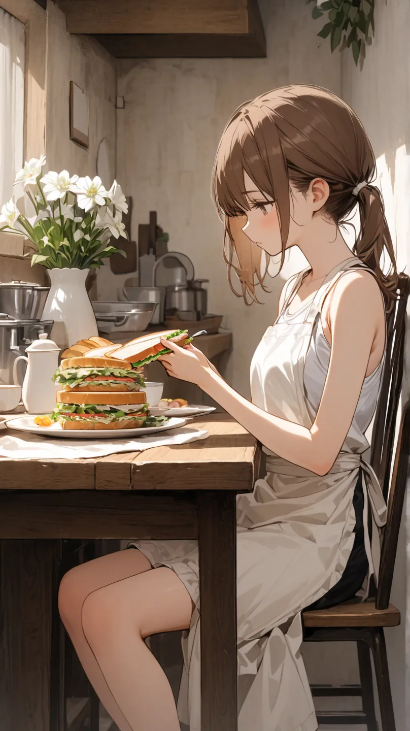 super delicate white tank top half pants super beautiful background kitchen 16k  old brown hair middle side ponytail hair girl table sandwich coffee breakfast vase white flower apron 　sit on a chair　Side view　Eat
