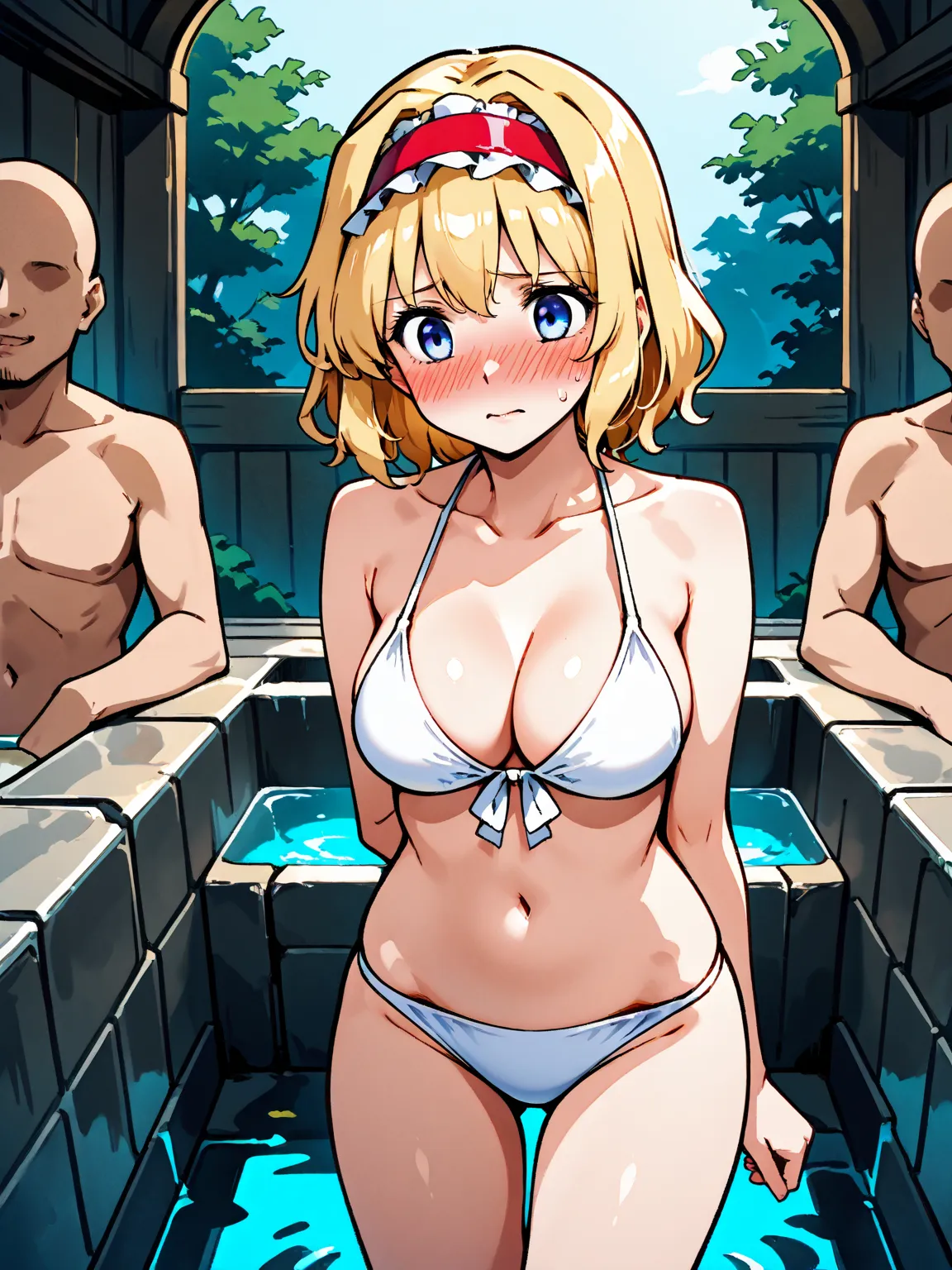 nsfw, one girl, Alice Margatroid, white bikini, embarrassed, Public bath, two naked faceless men