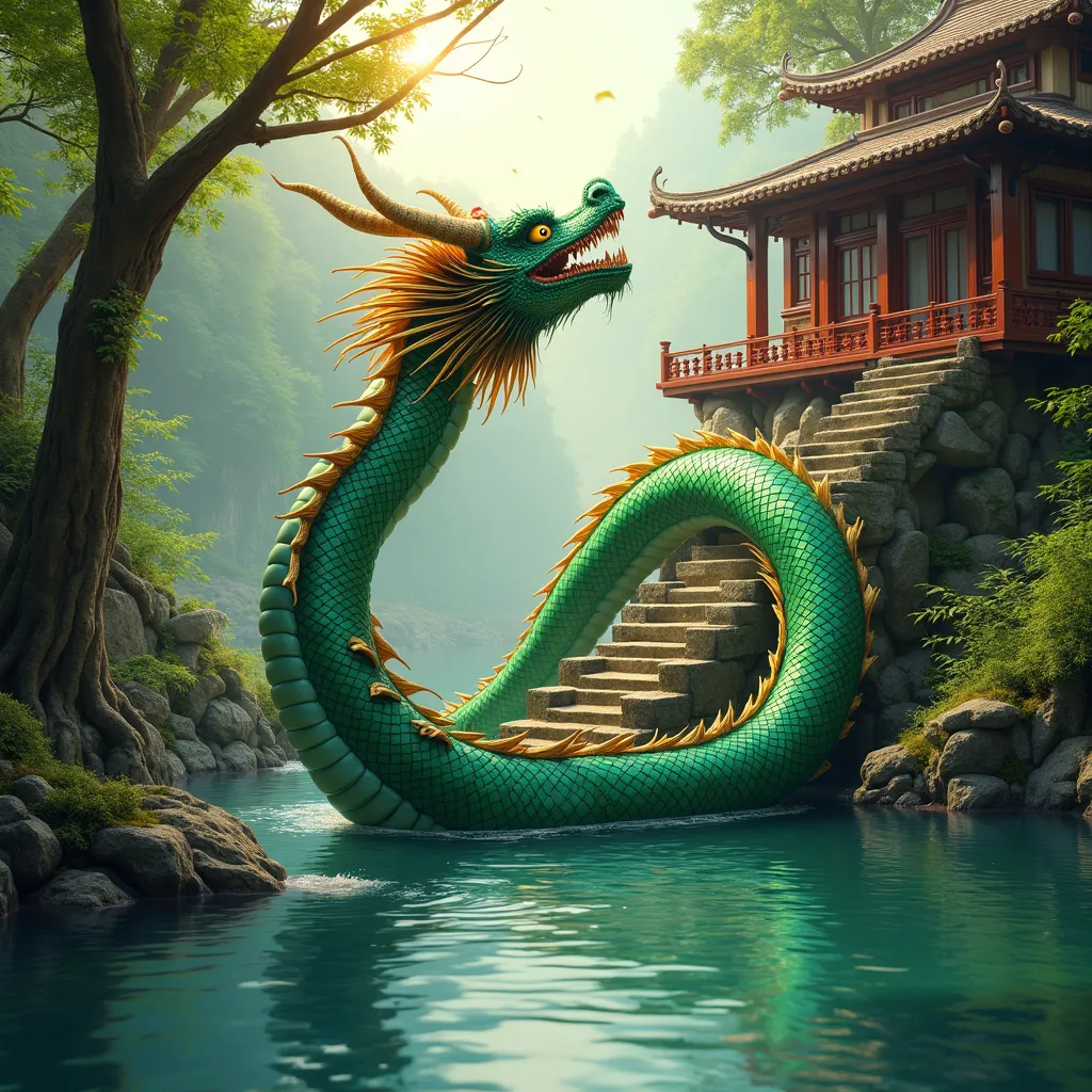 A majestic Eastern dragon, predominantly emerald green with scales shimmering with gold and sapphire highlights, partially submerged in a crystal-clear river.  Its serpentine body gracefully coils around ancient, moss-covered tree roots and weathered stone...