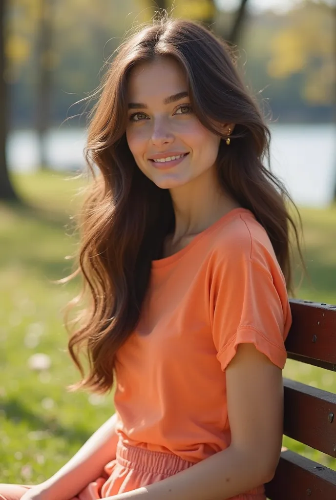 Create a photograph of 24 years old european girl, best quality, masterpiece, ultra high resolution,8K, (realistic:1.6), ((naturally wavy brown hair with side parting)), (pale skin)), (Natural C size breasts), (brown eyes), one girl. a beautiful girl, wear...