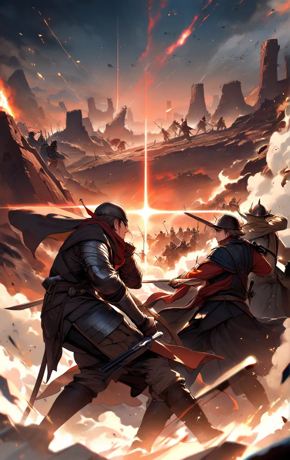 
an epic battlefield , covered by dust and ashes, stretches to the horizon. The sky At the beginning of the confrontation shines with mystical energies in collision. Medieval War, Trenches and magic in swords. 