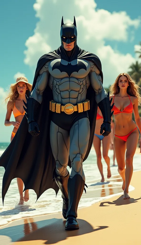 Image of batman, taking the beach, with girls around, hyperrealistic 3D comic style.