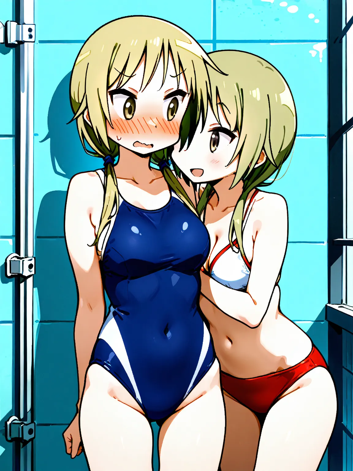 nsfw, two girls, Yuyushiki, Ichii yui , one mob girl wearing swimsuits, naked, surprising, embarrassed, looking at another, Public bath