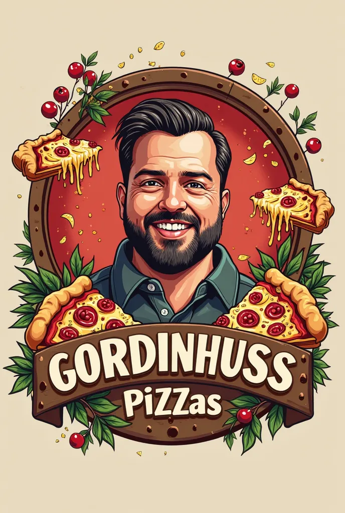 Create a logo for a pizzeria with the name Gordinhuss Pizzas,leave space for a photo of the owner in the middle which will be edited,Place pizzas,cheeses around the logo