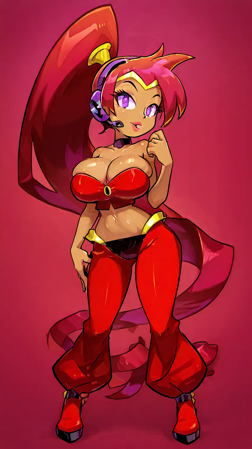  thin Caucasian girl with huge breasts, headset with purple eyes with long eyelashes and sweet red lips,  she has a rough and sexy look , his very long wavy dark red hair . He has a Shantae costume with red hair.