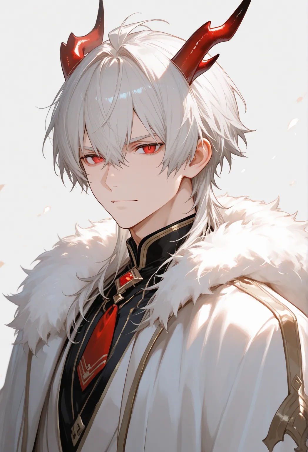 a boy with platinum hair, red eyes and dragon-like horns on his head