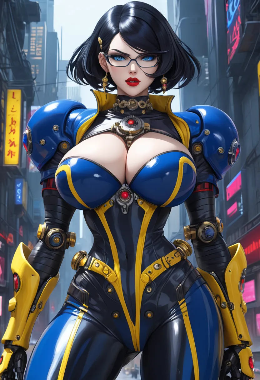 Female character BAYONETTA cyborg blue eyes red lips with blue clothes yellow latex details, in a cyberpunk world (Gigantic breasts)