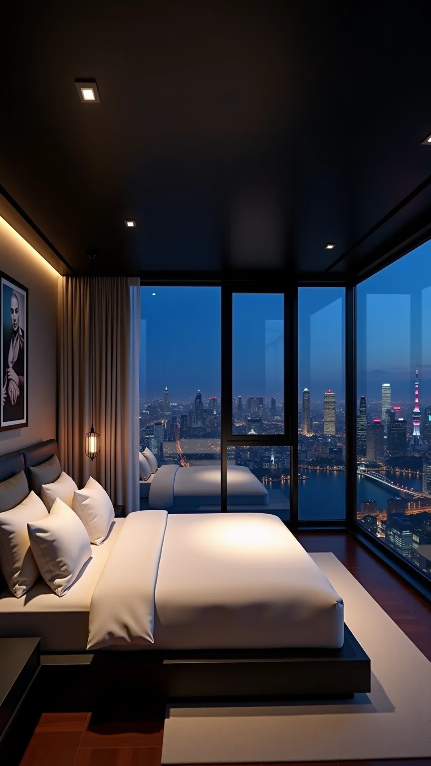 Sophisticated,  floor-to-ceiling windows 、 modern bedroom with panoramic views of the bustling city skyline at night.  The room features modest  ,  avec des draps blancs et des couettes grises minimalistes .  elegant ,  the geometric headboard adds sophist...