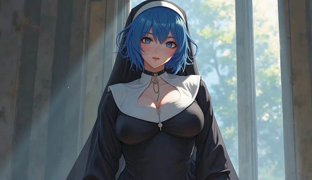 Anime cute girl very big breast tomboy hair blue color sexy nun outfit