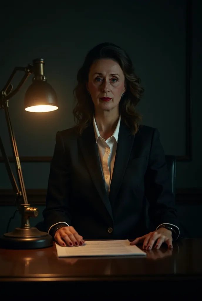 Powerful lady in a strict suit at a desk in a dark office, the only light source is a desk lamp