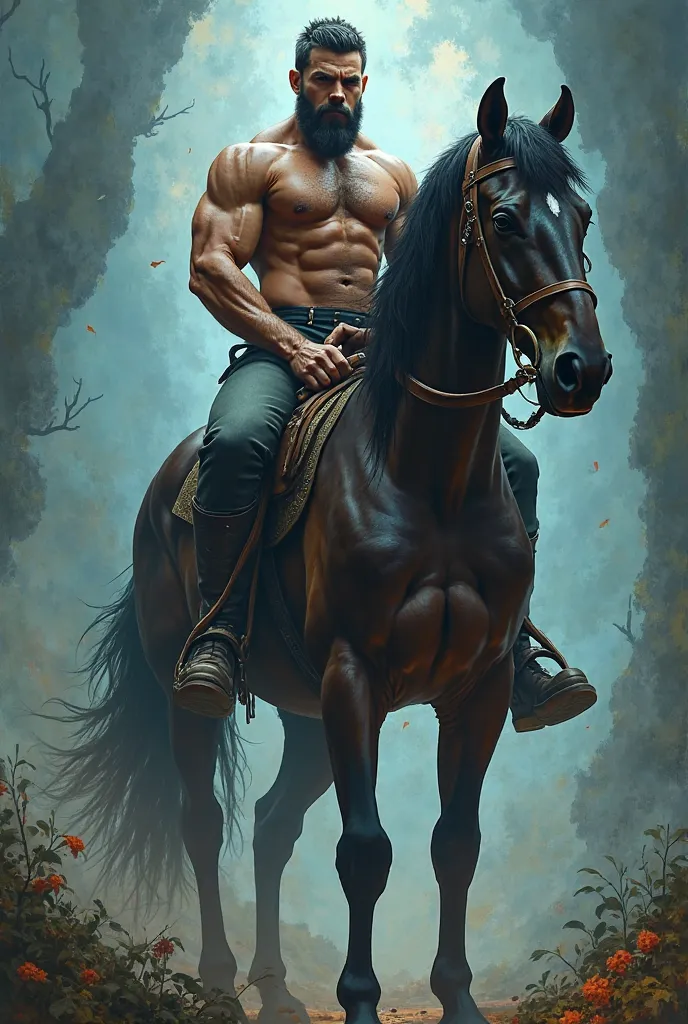 I want a picture of a man with strong muscles and a strong personality, and he is on his horse, and the colors are mysterious and strange