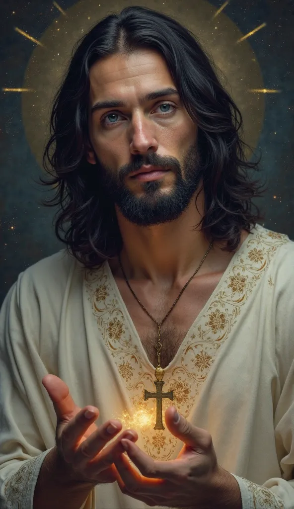 Exquisitely detailed and mystical portrait of jesus with medium-length, wavy black hair and a soft, well-groomed beard. His unusual Blue eyes convey a calm, otherworldly presence. He is dressed in a simple yet elegant tunic featuring subtle celestial patte...