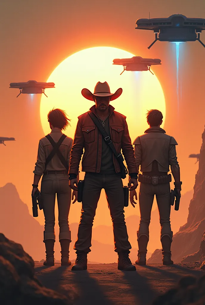 Create a poster depicting a galactic cowboy with a leather jacket and a guitar on his shoulder, standing in a desolate landscape under a sky with two bright suns.  In the background, an ancient mine with an ethereal blue glow emerging from inside. At your ...